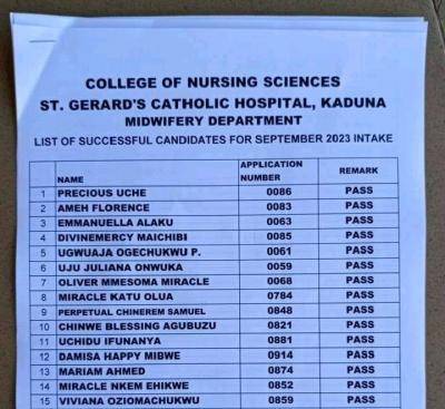 St. Gerald Catholic Hospital, Kaduna midwifery admission lists for September 2023