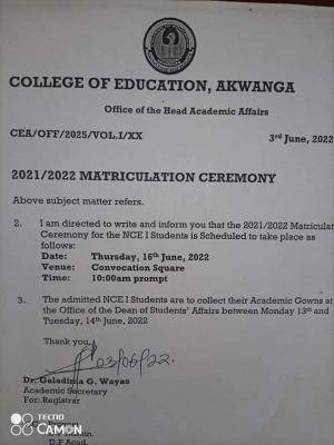 College of Education Akwanga matriculation ceremony, 2021/2022