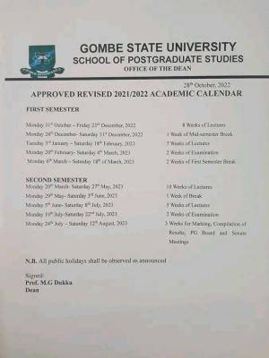 GOMSU approved revised postgraduate academic calendar, 2021/2022