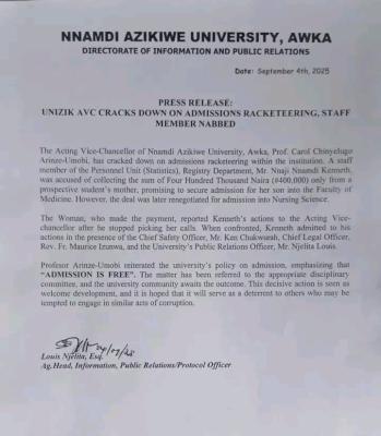 UNIZIK Acting Vice-Chancellor cracks down on 'admission racketeering'