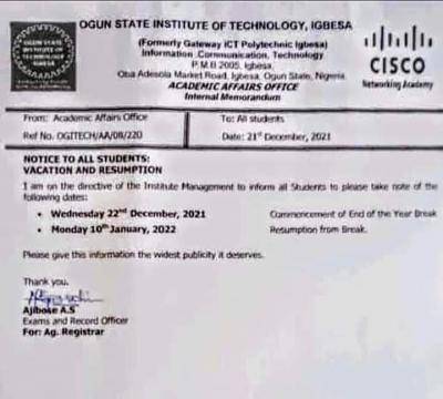 OGITECH notice on end of the Year break