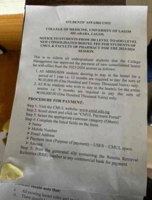 UNILAG College of Medicine notice to 200L-600L students on hostel fee, 2023/2024