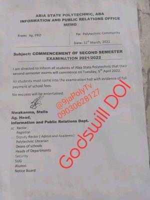 Abia Poly notice on commencement of 2nd semester examination