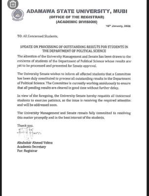 ADSU gives update on processing of outstanding results in the department of Political science