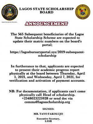 Lagos Scholarship Board notice to 2019 subsequent scholarship beneficiaries
