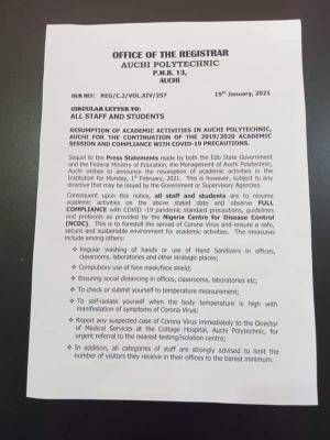 Auchi Polytechnic notice on resumption of academic activities