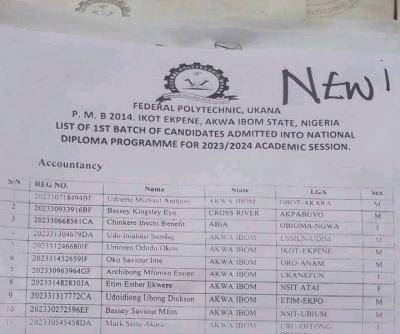 Federal Polytechnic Ukana ND Admission List, 2023/2024