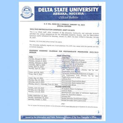 DELSU reschedules matriculation ceremony, 2022/2023