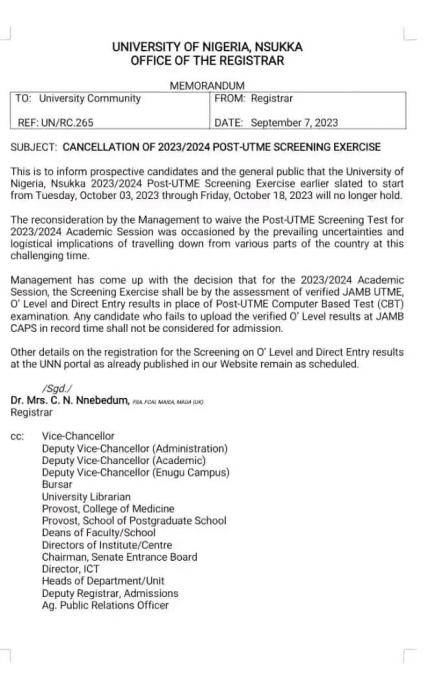 UNN notice on cancellation of Post-UTME computer-based screening test, 2023/2024