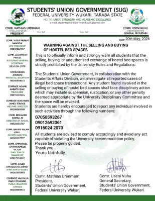 FUWUKARI SUG warns students against buying & selling of hostel spaces