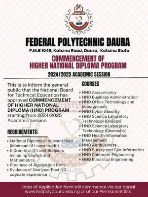 Federal Polytechnic Daura, Commencement of Higher National Diploma admission, 2024/2025