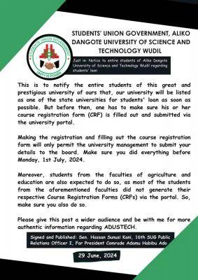 ADUSTECCH SUG issues important notice to students regarding students' loan
