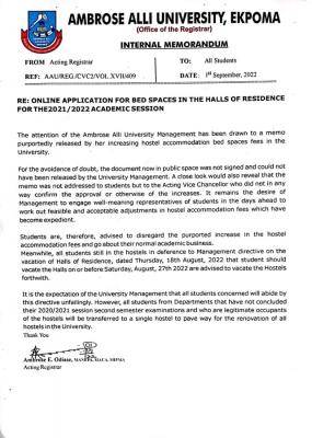 AAU refutes claim on purported hostel Accomodation fee increment