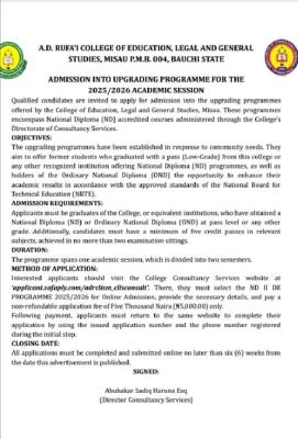 A.D. RUFA'I College of Education & legal studies notice  of admission into upgrading programme, 2025/2026