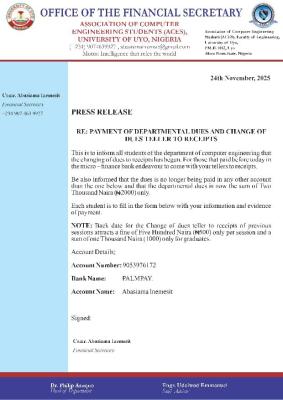 UNIUYO Computer Engineering department notice on payment of departmental dues
