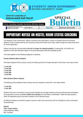 BUK SUG issues important notice on hostel room status checking