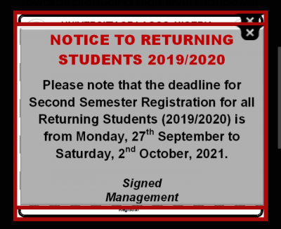 UNILAG SPGS notice to returning students on course registration deadline, 2019/2020