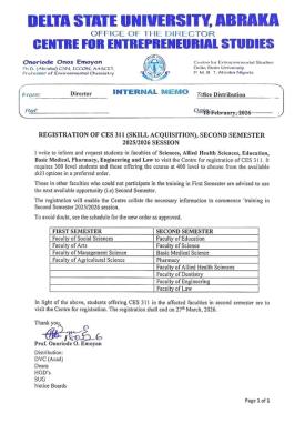 DELSU notice on CES 311 registration for 2nd semester, 2025/2026