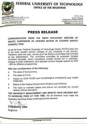 FUTO notice on suspension of upward review of students' service charges/fees