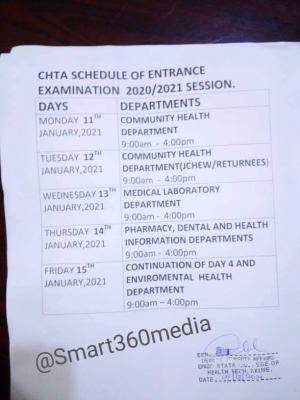 College of Health Technology, Akure entrance exam schedule for 2020/2021 session
