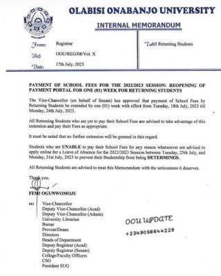 OOU reopens portal for returning students school fees payment