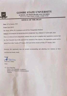 GOMSU extends course registration exercise until Friday 27th January