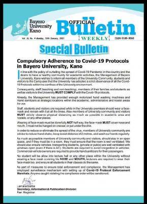 BUK notice on compulsory adherence to COVID-19 protocols