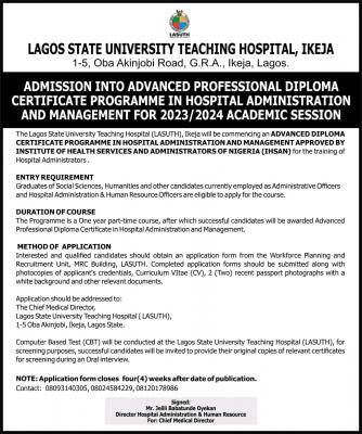 LASUTH admission into Professional Diploma in Hospital Administration & Management, 2023/2024