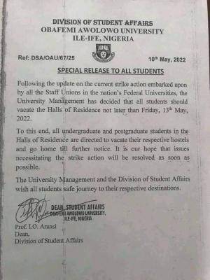 OAU directs students to vacate hostel