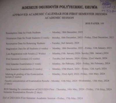AOPE approve academic calendar for 1st semester, 2023/2024