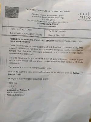 OGITECH notice on submission of ND Transcripts and Certificate by HND Students