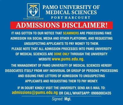 Pamo University of Med. Sciences issues admission disclaimer notice