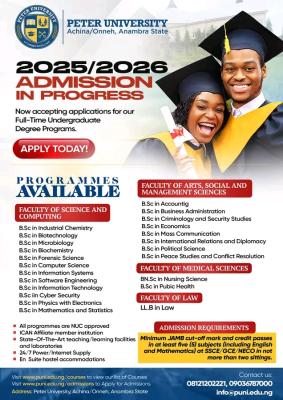 Peter University, Anambra Admission form, 2025/2026
