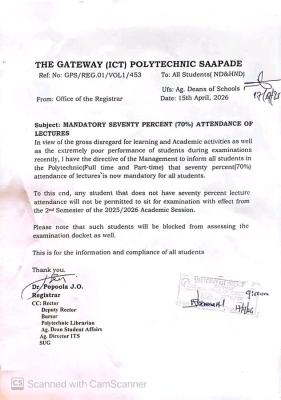 Gateway ICT Polytechnic, Saapade reiterates mandatory 70% attendance of lectures