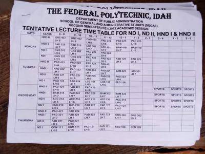 Fed Poly, Idah 2nd semester Lectures Timetable, 2021/2022