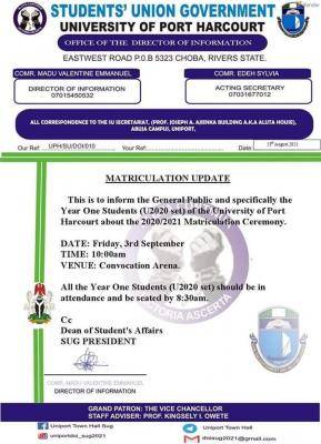 UNIPORT matriculation ceremony, 2020/2021