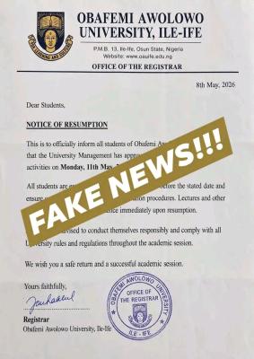 OAU dismisses rumoured resumption notice, says Students remain on mid-semester break