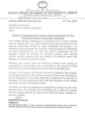 Aminu Saleh COE continues academic activities amidst protest