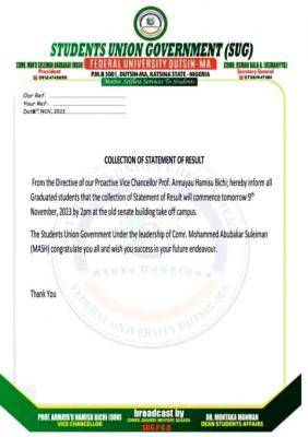 FUDutsin-ma SUG notice to graduated students on collection of statement of results