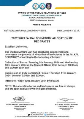 UNILORIN SUG notice to students on Falkal Dormitory allocation of bed spaces
