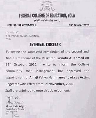 Federal College of Education Yola appoints new registrar