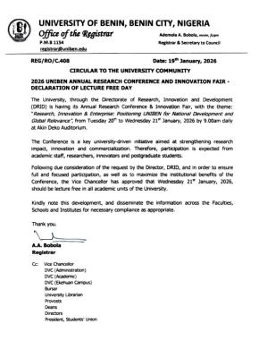 UNIBEN declares Wednesday Jan 21st lecture-free for 2026 research conference