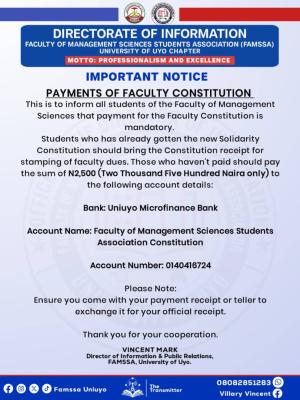 UNIUYO Faculty of Mgt Sci. notice to students on payment for the faculty constitution