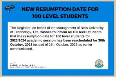 Bells University of Technology notice on rescheduling of 100L students resumption