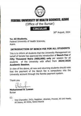 FUHSA notice on introduction of bench fee for students