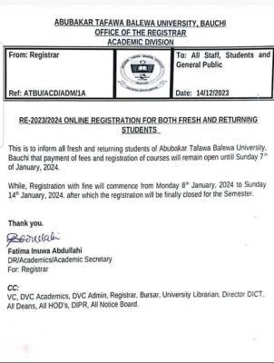 ATBU Bauchi online registration for both fresh & returning students