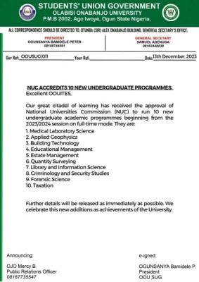 OOU SUG announces 10 newly NUC accredited courses of the University