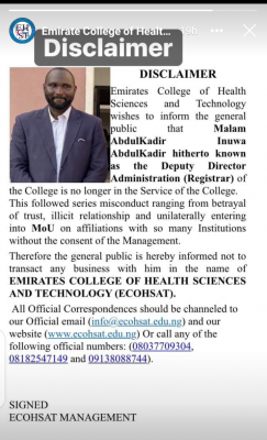 Emirates College of Health Sciences and Technology disclaimer notice