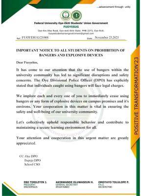 FUOYE important notice to students on prohibition of bangers & explosive devices