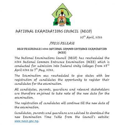 NECO reschedules 2022 National Common Entrance Examination